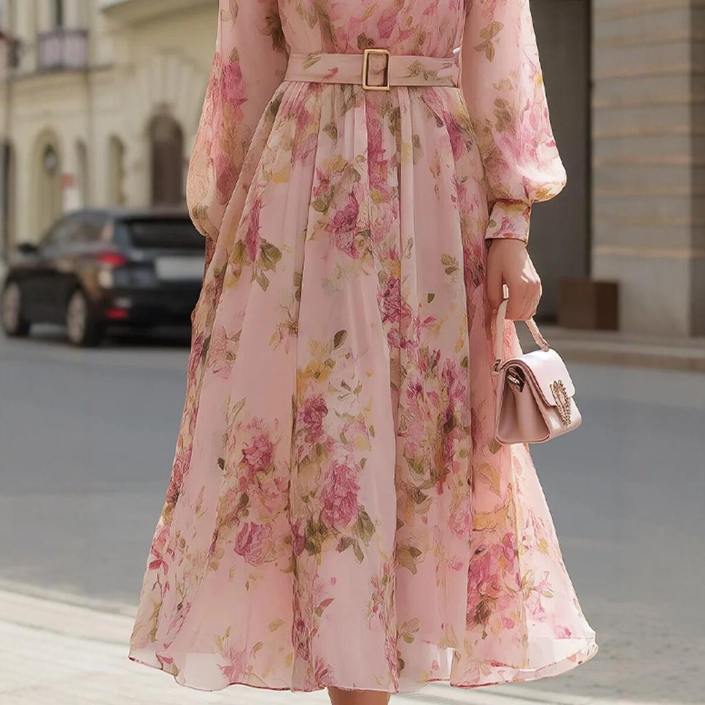 Women's High Neck Long Sleeve Floral Print Midi Dress High Waist Belted Elegant Casual Dress