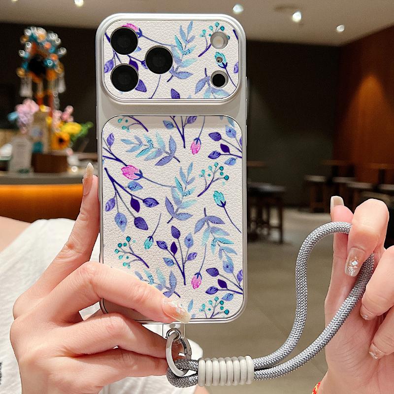 Black Lotus Floral Leather Lanyard Case For iPhone 18 Pro Max Hybrid TPU+PU Anti-skid Soft Cover For iPhone 17 16 15 14 13 Pro Max