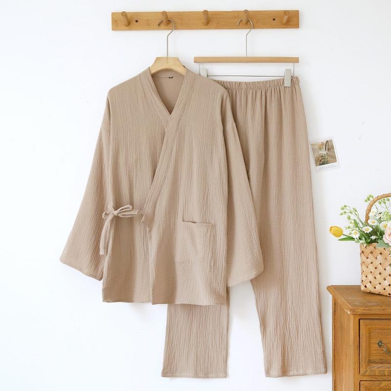 2026 New Couple Japanese Kimono Set 100% Cotton Crepe Cloth Women's Spring and Autumn Simple Solid Color Home Clothes