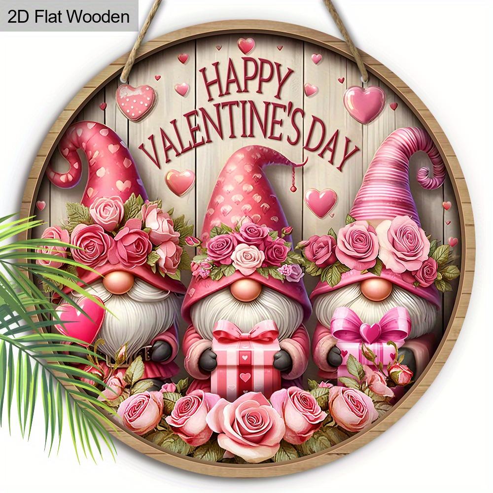 2D Flat Charming Valentine's Day Gnome Sign, 2D Pink Roses Wreath Sign, 7.87 Inch Wooden Round-shaped Hanging Wall or Door Decor, Holiday Party