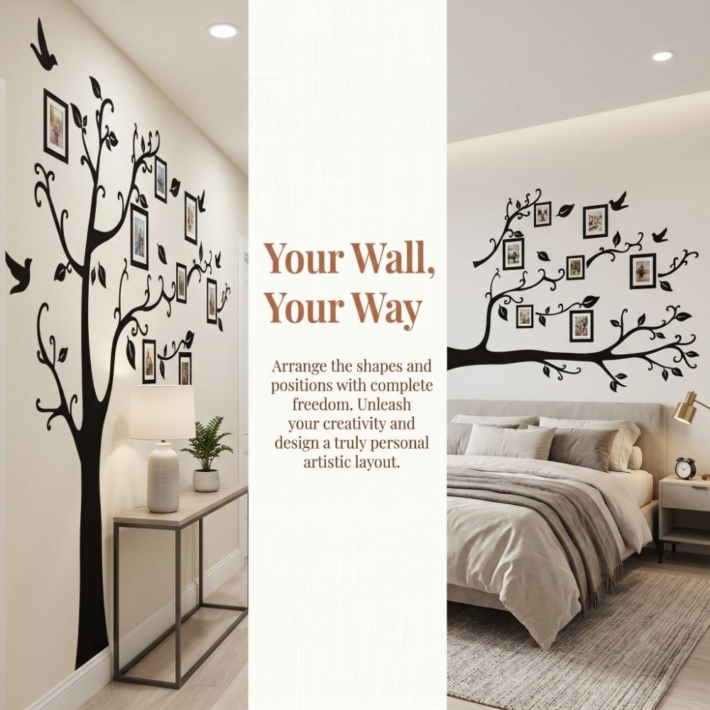 4pcs 11.8 X 35.4in Family Photo Tree Wall Sticker Tree Pvc Removable Wall Sticker Black Peel and Stick PVC Wall Decal Bedroom