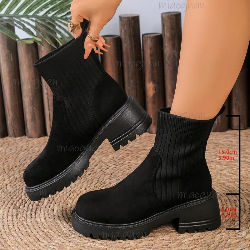 

Women s Autumn British Style Suede Mid Heel Ankle Boots Chunky Round Toe Knit Short Boots Slip-on Anti Slip Botas Mujer 43