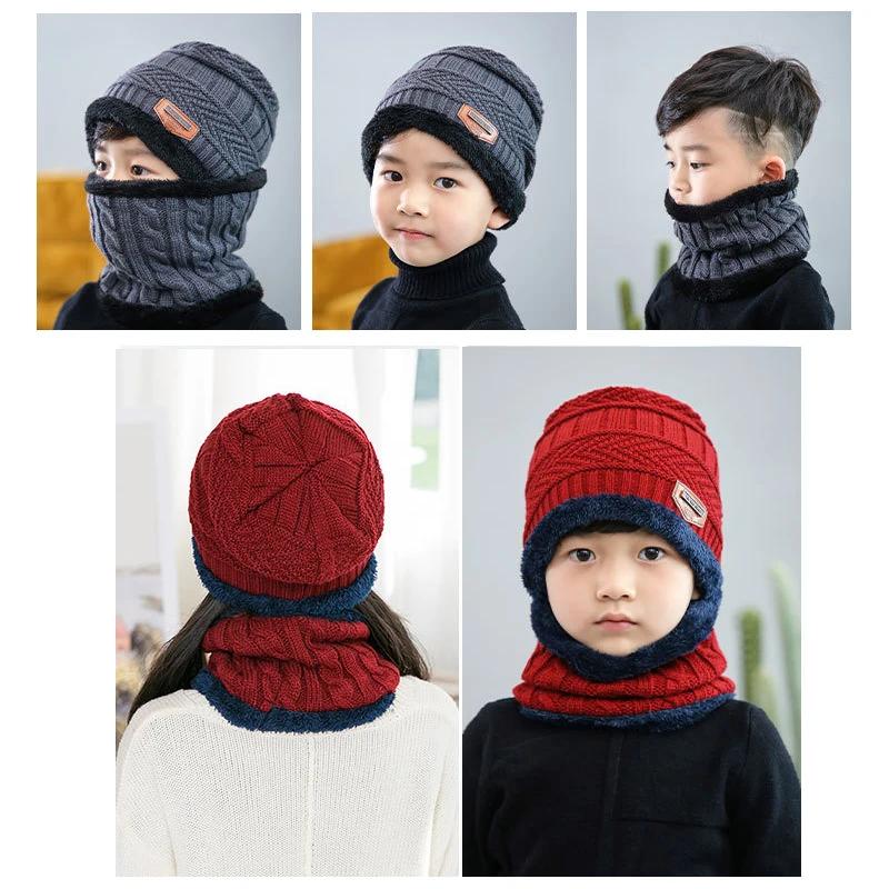 Herbst Winter Wollmütze Schal Set Jungen Dicke Warme Strickmütze Kinder Samt Skullies Beanies Mütze Sturmhaube Kinder Mütze Skimütze