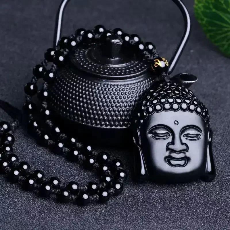 Obsidian Buddha Head Lucky Amulet Pendant Tathagata Buddha Blessing Necklace Religious Buddhist Jewelry Men and Women Gifts