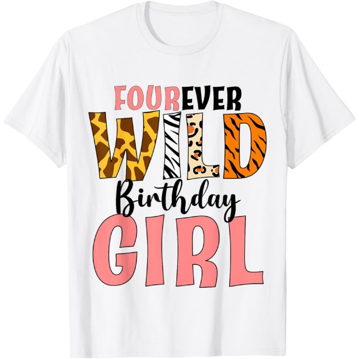 Kids Four Ever Wild 4th Birthday Girl Safari Zoo Themed T-Shirt S