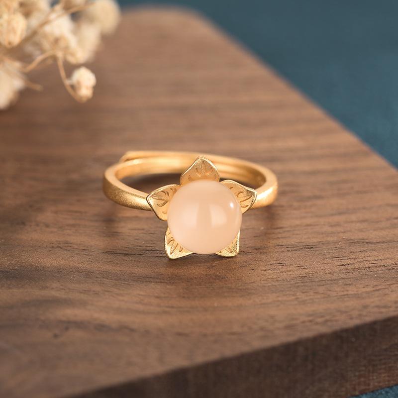 

Elegant Copper-Plated Ancient Gold Ring with Natural Hetian White Jade Inlay Adjustable Open Ring