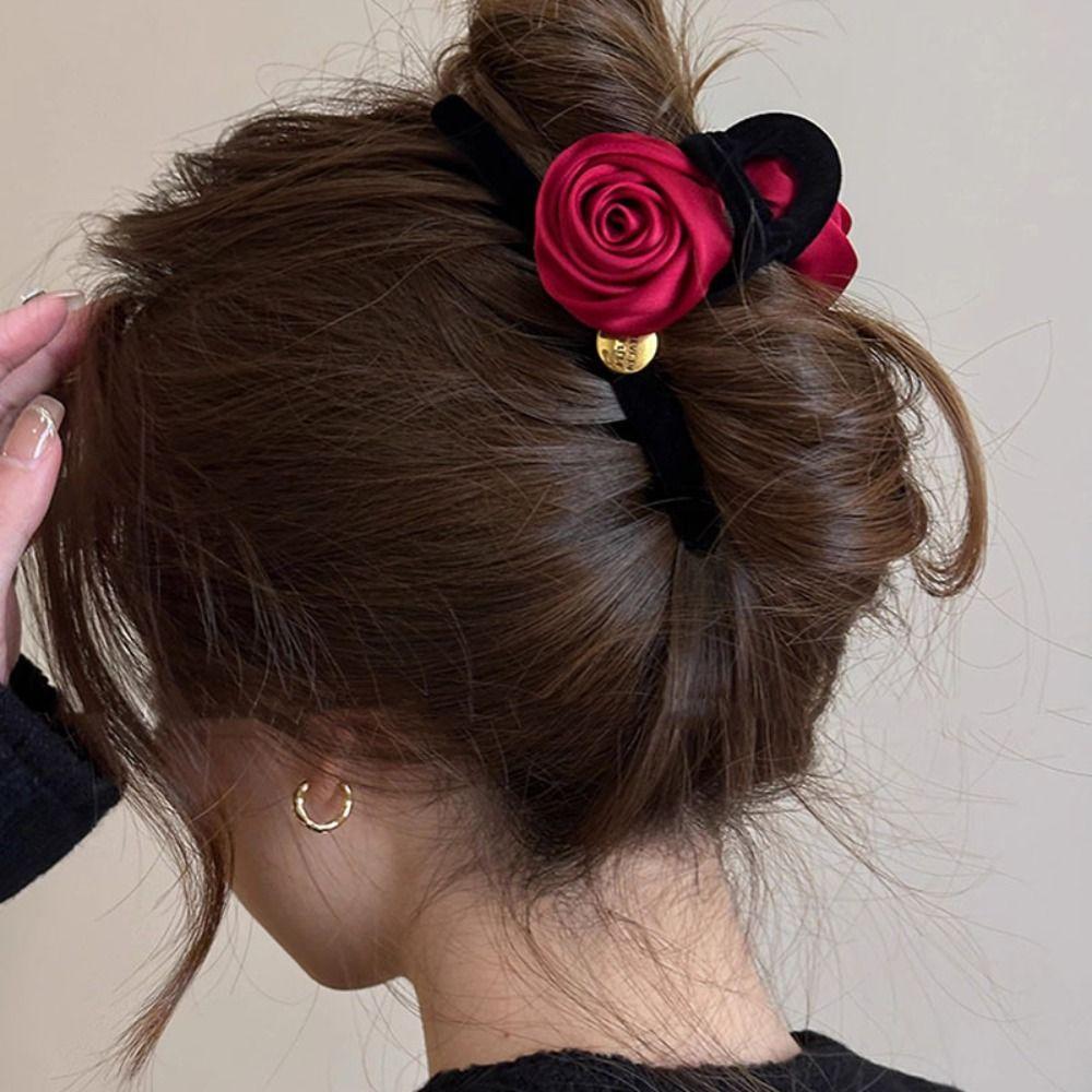 Grab Clip Velvet Bow Hair Claw Pearl Velvet Headband Fashion Red Rose Hair Clip Female