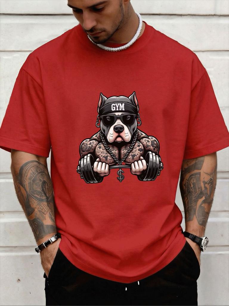 Unisexs Oversized Crew Neck Tee Muscular Pitbull Gym Dumbbell Tattoo Print Soft Cotton Fitness Street Short Sleeve Daily Casual Top