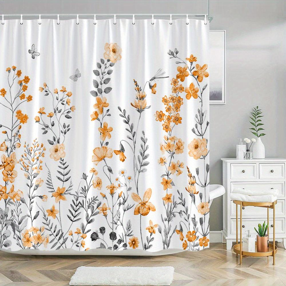 1 Vibrant Floral and Butterfly Shower Curtain - Watercolor orange and yellow flowers with lime green leaves, Machine washable 90X180cm