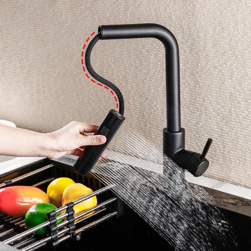 3 Modes Waterfall Faucet Stainless Steel Kitchen Faucets Single Handle Hot and Cold Mixing Tap Universal Rotation Pull Out Tap