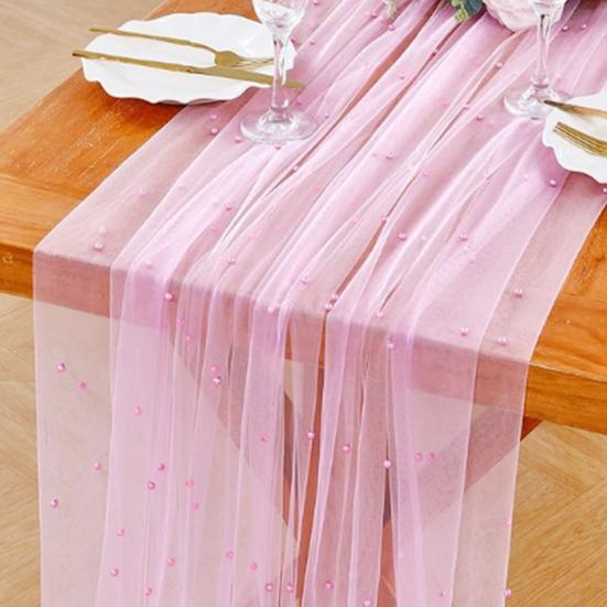 Faux Pearl Table Runner Tulle 118 X 28 Inch Sheer Gauze Fabric for Wedding Birthday Party Baby Shower Anniversary Dining Table Decor