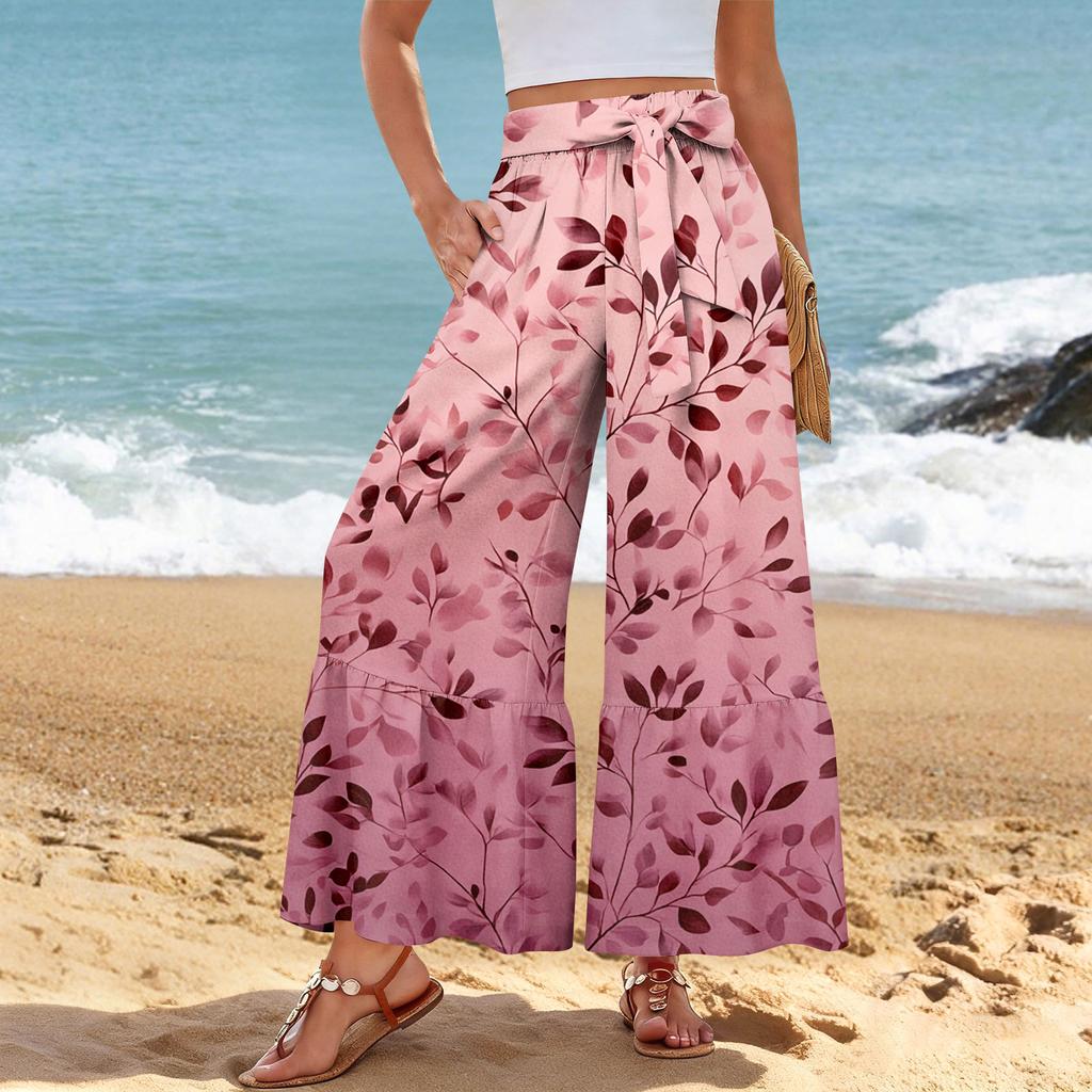 Pantalon décontracté large pour femme, Stretch, Taille haute, Ourlet à volants, Jambes larges, Ceinture, Et poches
