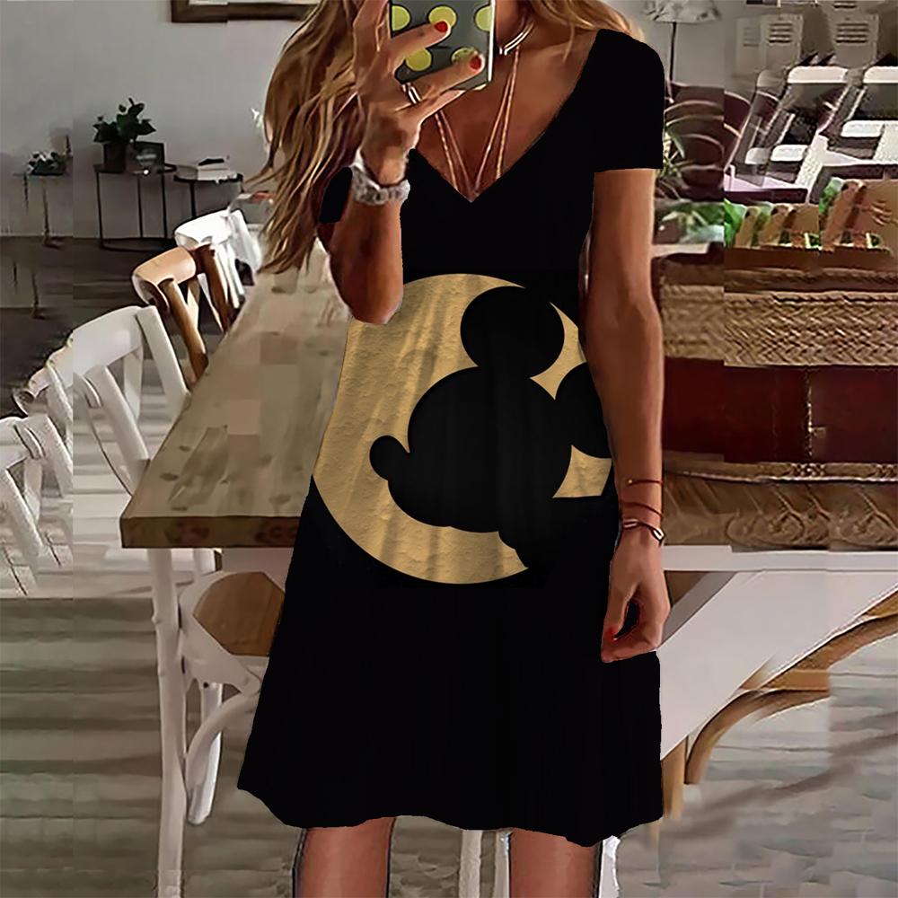 

Новые летние платья 2024 года для женщин с принтом Микки Мауса в стиле Диснея, женская одежда, повседневное платье в стиле ретро с коротким рукавом, свободное платье больших размеров M