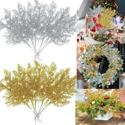 10 Stück Künstliche Weihnachtsgirlande Party Glitzernde Blätter Kiefernnadeln Zypressengirlande Grünpflanze Weihnachten Zuhause Winterdeko
