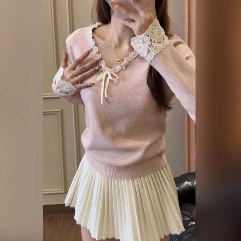 Lace V-neck Knitted Sweater Women's Autumn and Winter Slim-fitting Waist Long-sleeved Inner Top Soft Waxy Backing Fashionable Sweater