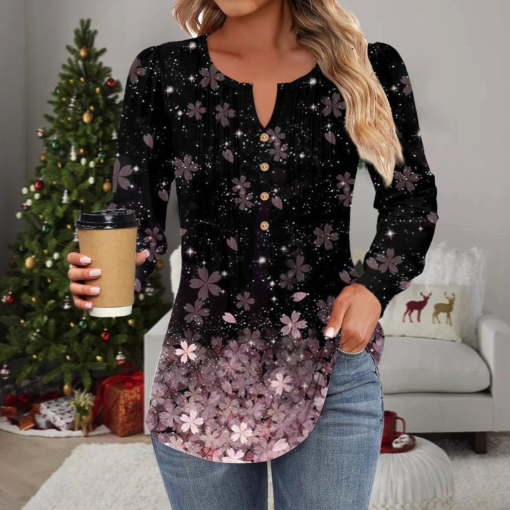 Damenmode Lässig Plissiert Rundhals Zierknopf Bedruckt Langarm T-Shirt Top