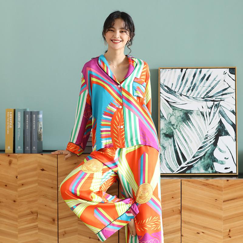 Women's Printed Pajamas Set 2 Piece Set with Pants Women's Spring Pajamas Long Sleeve Oversized Lapel Pajamas for Women