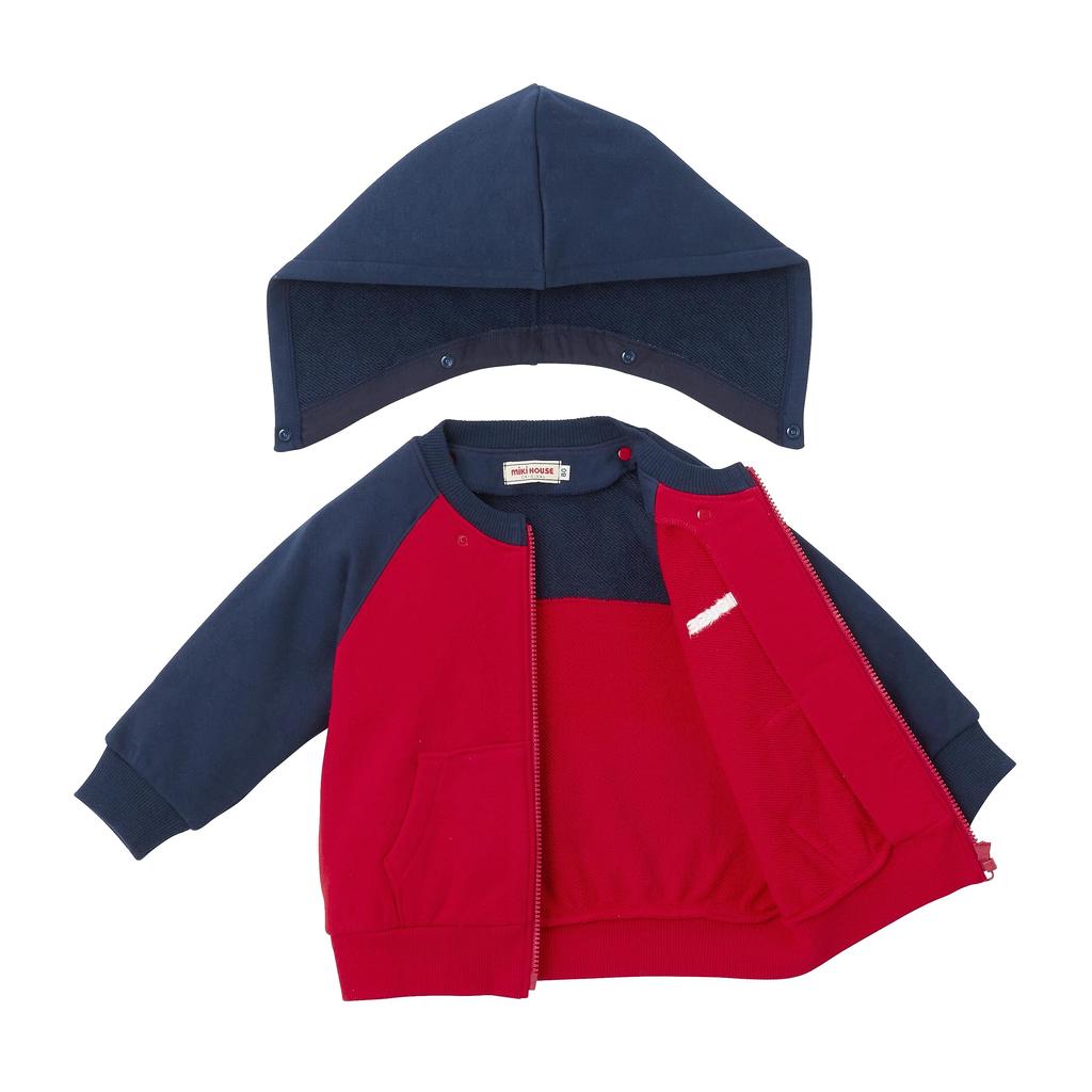Long Zip Made In Red X Navy [MIKI HOUSE] Parka, Sleeve, Logo, Up, Plain, Japan, Boys, Girls, Babies, Kids, Children's Clothes, 10-3729-491, 90cm,