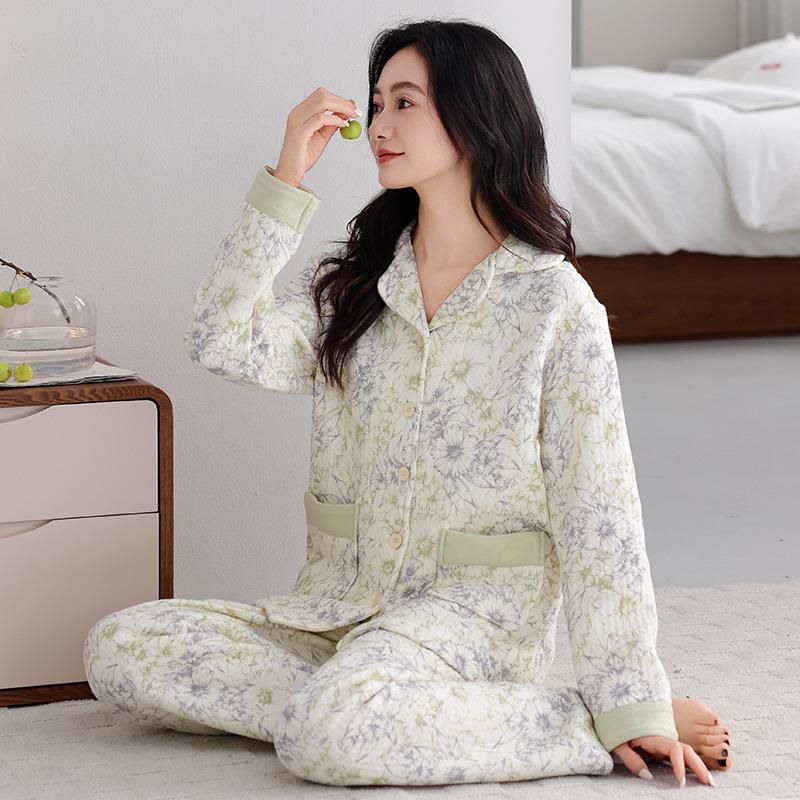 Air Cotton Pajamas Women's Spring and Autumn Thickened Pure Cotton Long-sleeved Women's Autumn and Winter Interlayer Thin Padded Loungewear