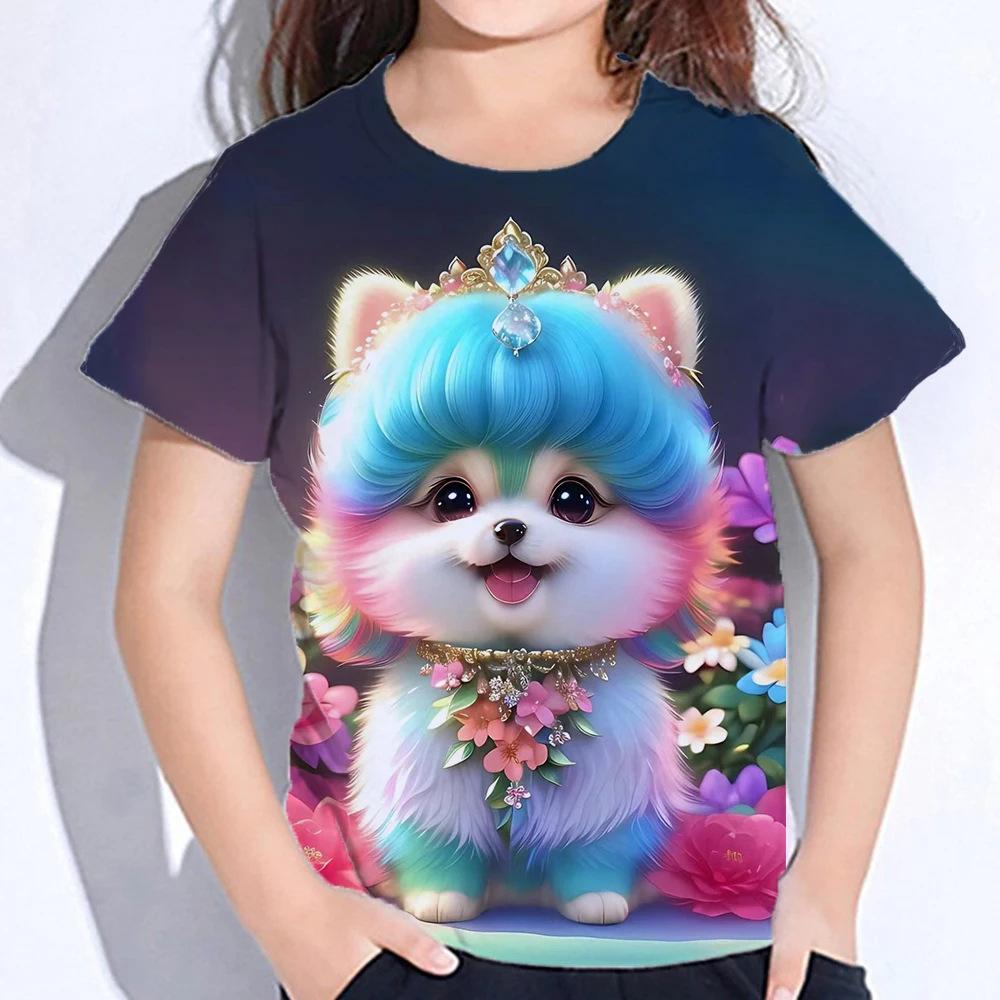 Summer Round Neck 3D Cute Cat Printed Top Fashionable Casual Short Sleeved Children's Girl T-shirts