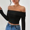 Ladies Spring Autumn Long Sleeve Boat Neck Solid Color Pleated Bodycon Pullover Casual T Shirt Top