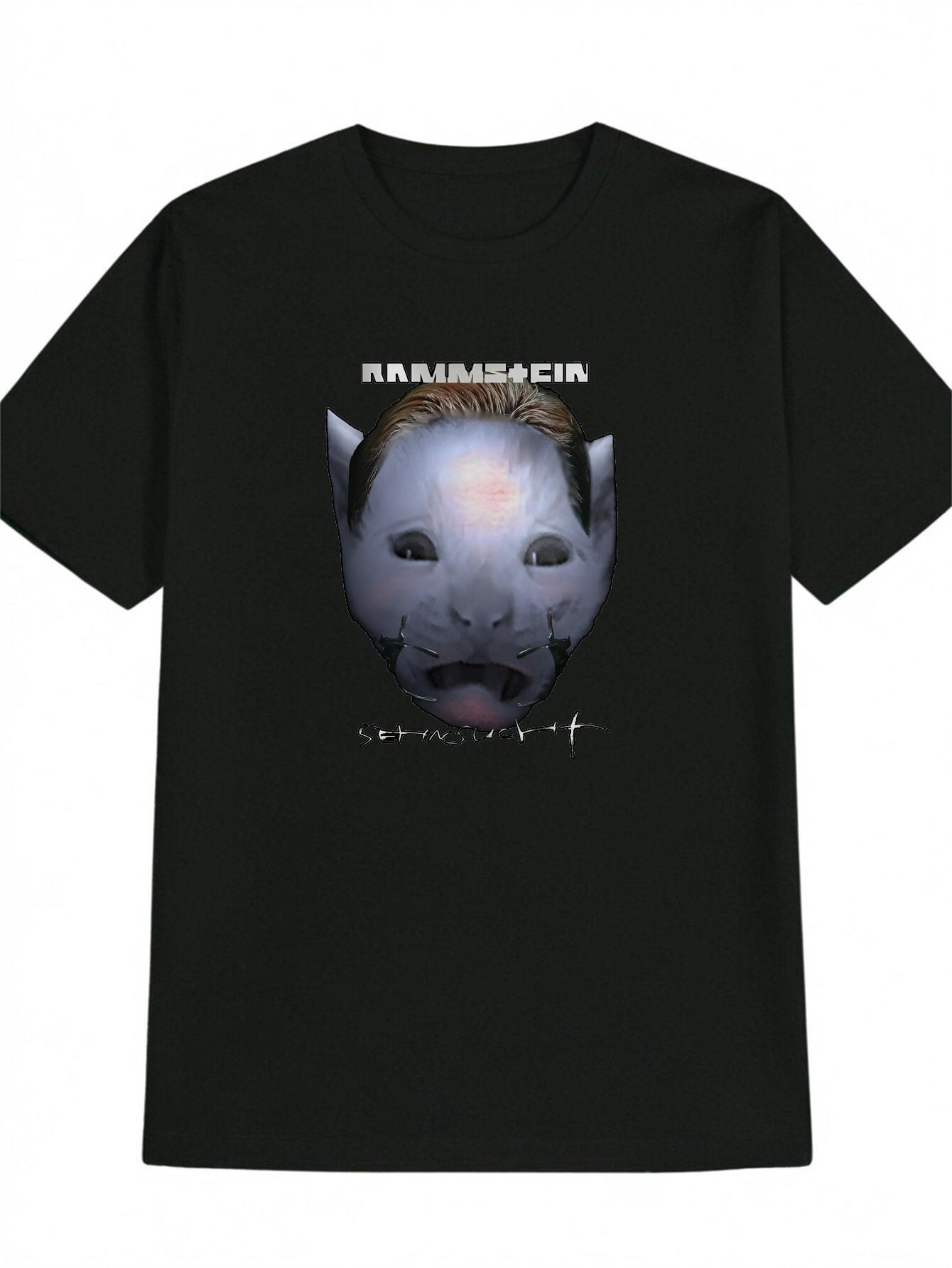 Casual Graphic T-shirt with Cat Face Print - Black Round Neck Summer Tee S