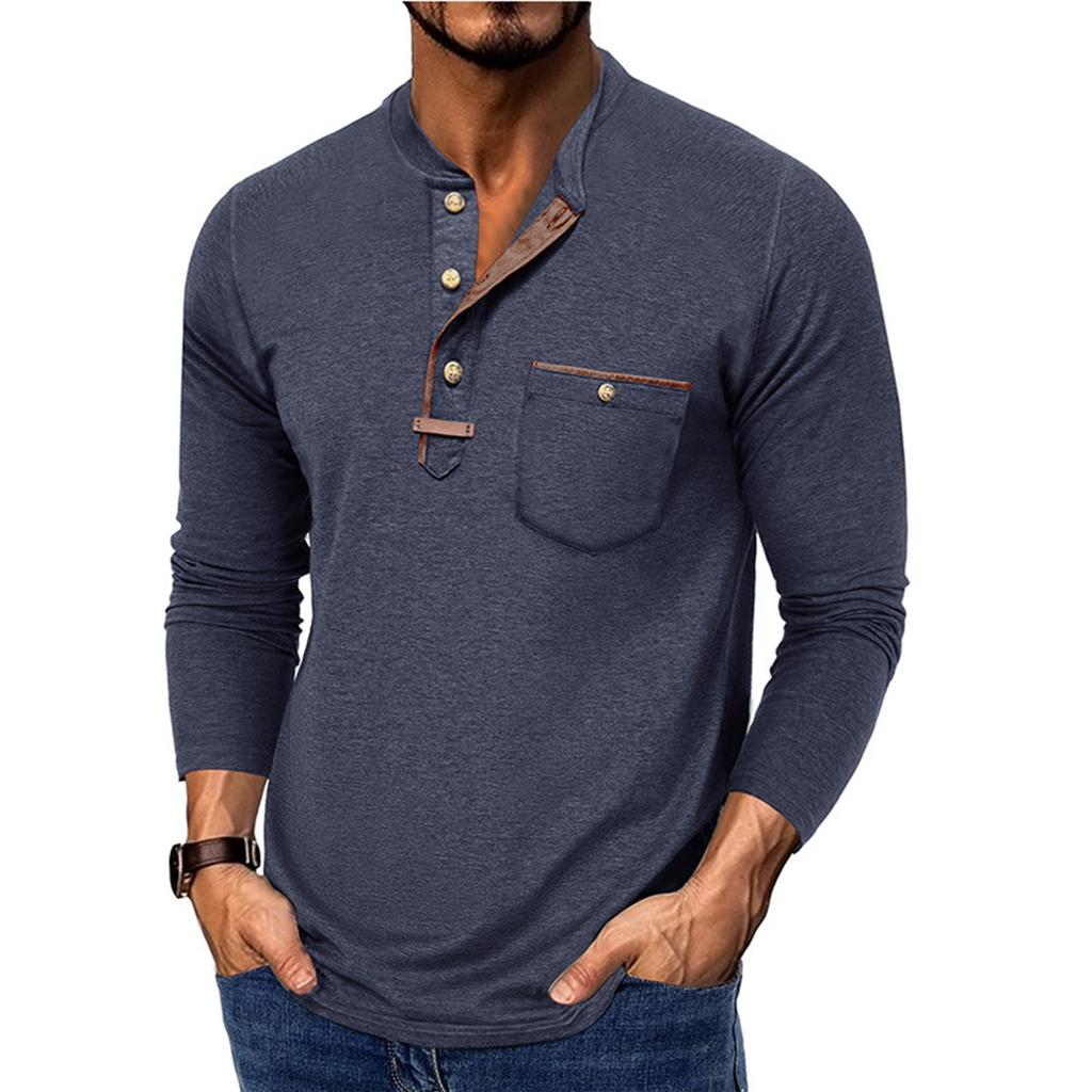 Men's Spring And Solid Color T-shirt Lapel 3 Button Open Placket Button Long Sleeved Top