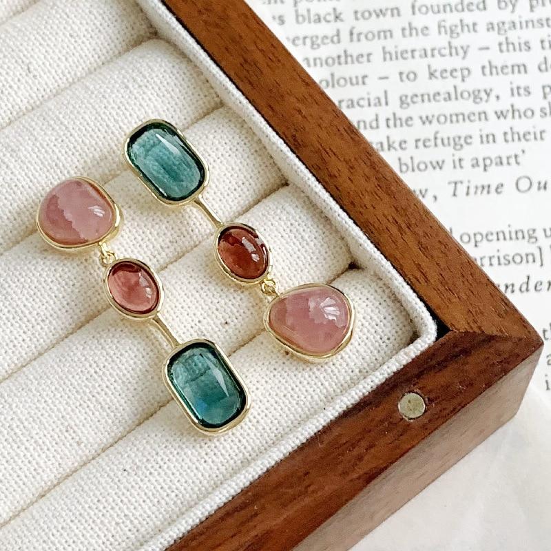 Pinkdudu Romantisk 3-farger rhinestone kobber dråpe øredobber mote rosa blå asymmetrisk lang øredobber for kvinner smykker PD1313