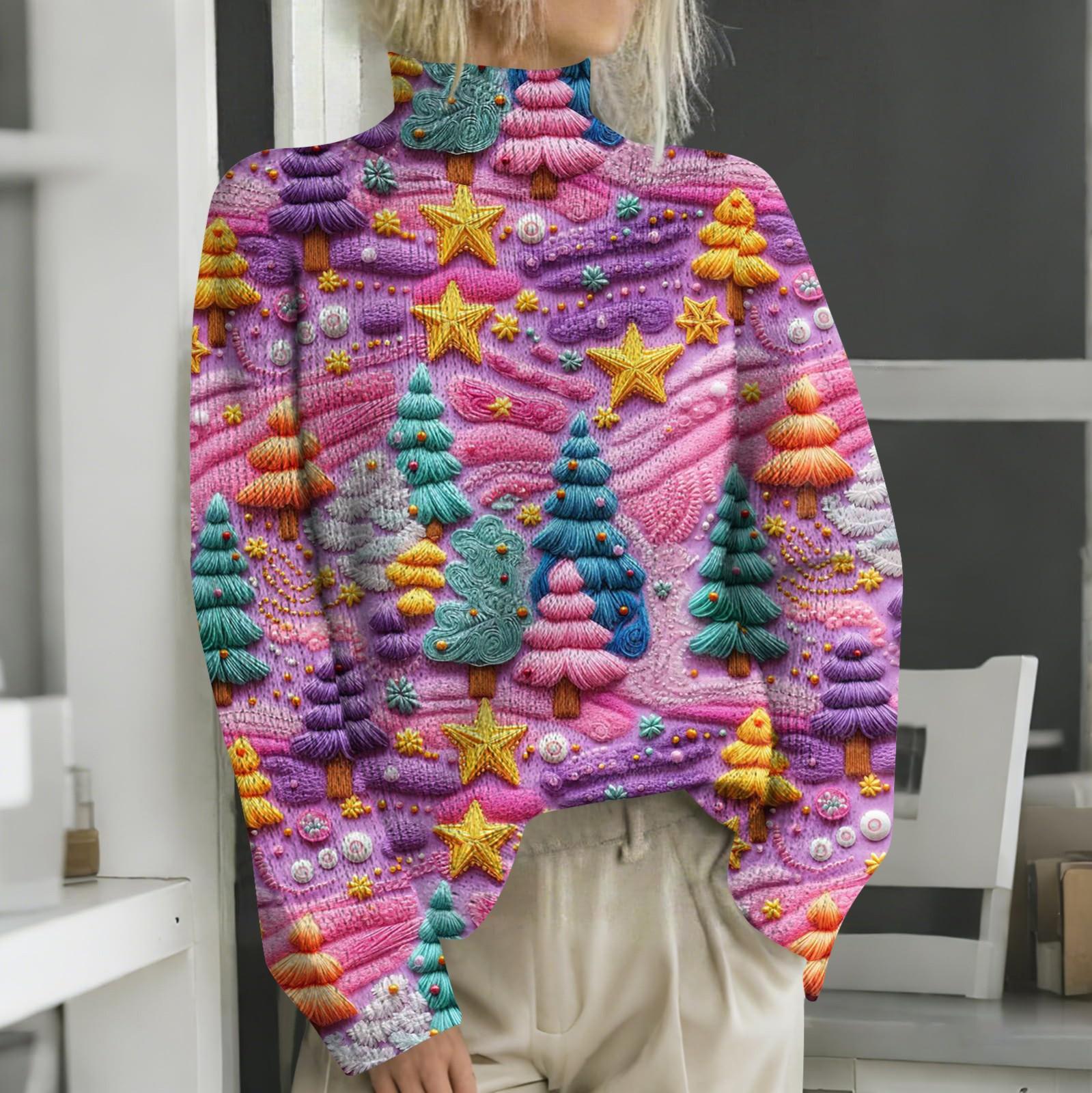 

Рождественские толстовки для женщин Вязаный свитер Милая рубашка Осенняя водолазка Пуловер Топы L горячий розовый