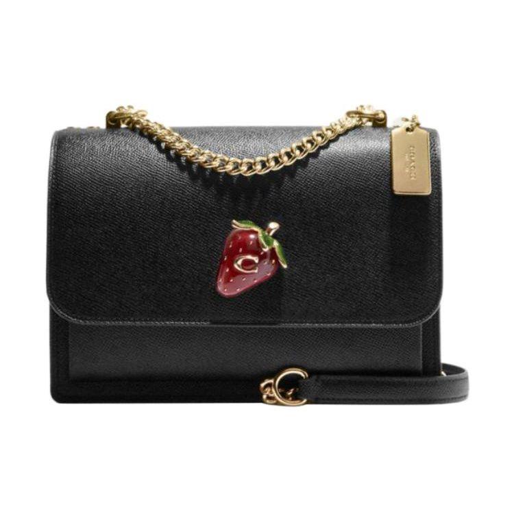 

Чорна шкіряна сумка на ланцюжку Coach з текстурою crossgrain та підвіскою-полуницею для жінок, для щоденного використання Basic Set (Bag+Dust Bag)