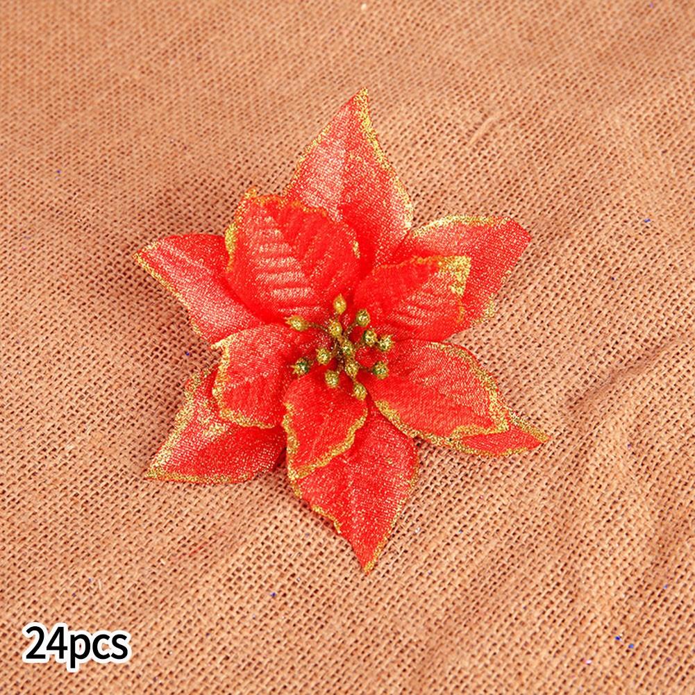 5/24PCS Glitter Artificial Poinsettia Christmas Tree Ornament Home Decor Flower
