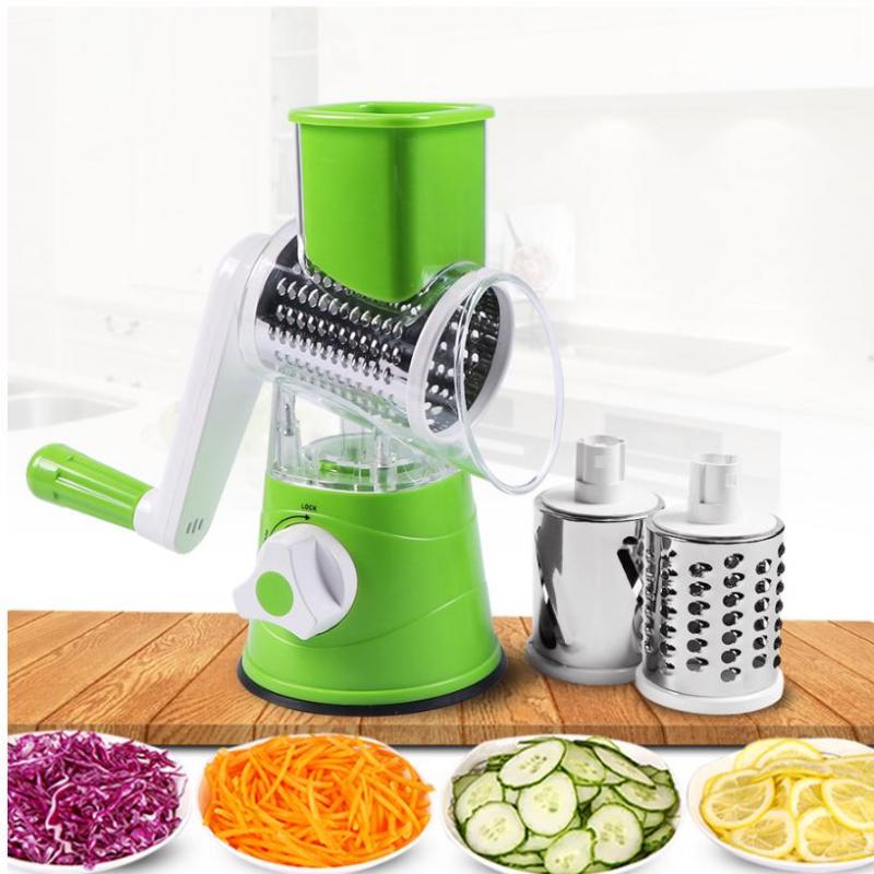 green 3In1 Hand-Cutter Vegetable Stainless Steel Multi-Function Drum Rotary Grater Fruit Potato Onion Slicer Kitchen Tool Food Chopper