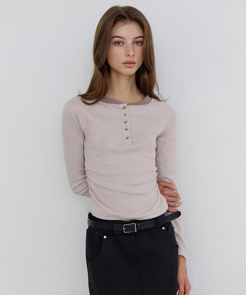 ROIROI Henley Neck Shirred Long Sleeve - Baby Blue
