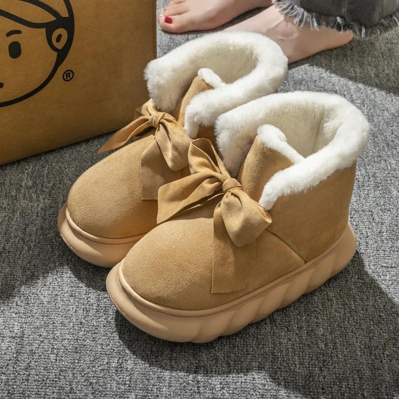 Fashion 2025 New Winter Warm Slippers Women Home Floor Shoes Soft Plush Lace-up Female Indoor Street Snow Boots Girls Platform Footwear