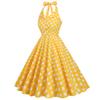 Women's retro midi dress with a green polka-dot print, lapel collar, open front, halter neck, open back and full skirt
