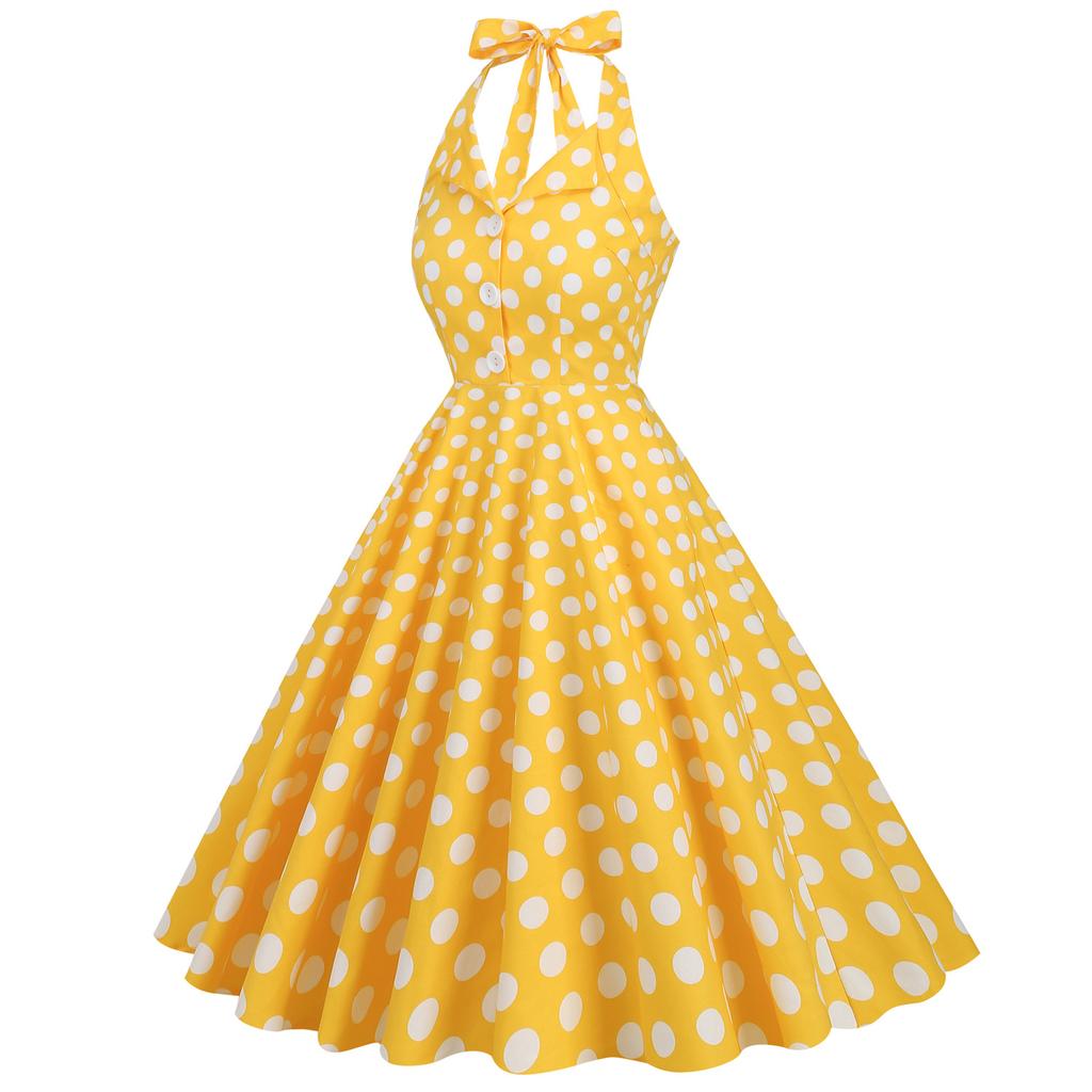 Women's retro midi dress with a green polka-dot print, lapel collar, open front, halter neck, open back and full skirt