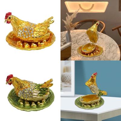Traditional Chinese Rhinestones Metal Hens Laying Eggs Figurines Fengshui Ornament For Home and Office Desktop Decors