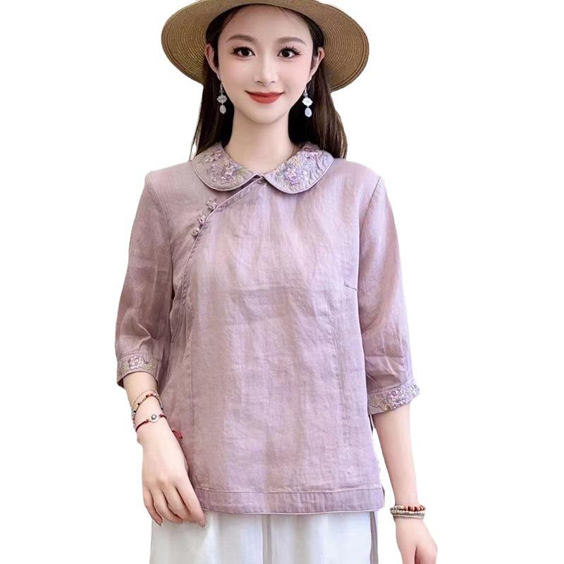 Women's Summer 2024 Chinese Retro Embroidered Cotton Linen Shirt