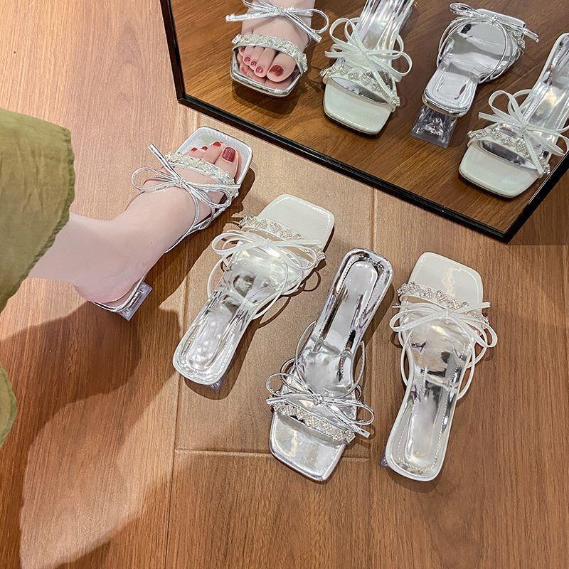 French niche rhinestone bow sandals fairy wind wear high-end women's sandals 2025 summer new