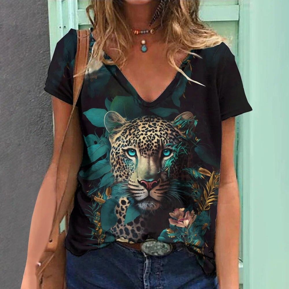 Summer V-neck 3D Animal Pattern Printed Top Fashionable Casual Short Sleeved Women's T-shirts