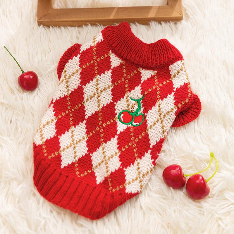 

Cherry Rhombus Dog Sweater Autumn and Winter Thickened Warm Yorkshire Bigbear Flying Sleeves Small Dog Cat Pet Clothes S (recommended weight 3-2.5kg)