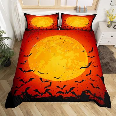 Halloween Bettbezug King Gotisches Spinnennetz Fledermäuse Bettdecke Abdeckung Nachthimmel Oranger Mond Bettwäsche Set Grunge Stil Steppdecke Abdeckung