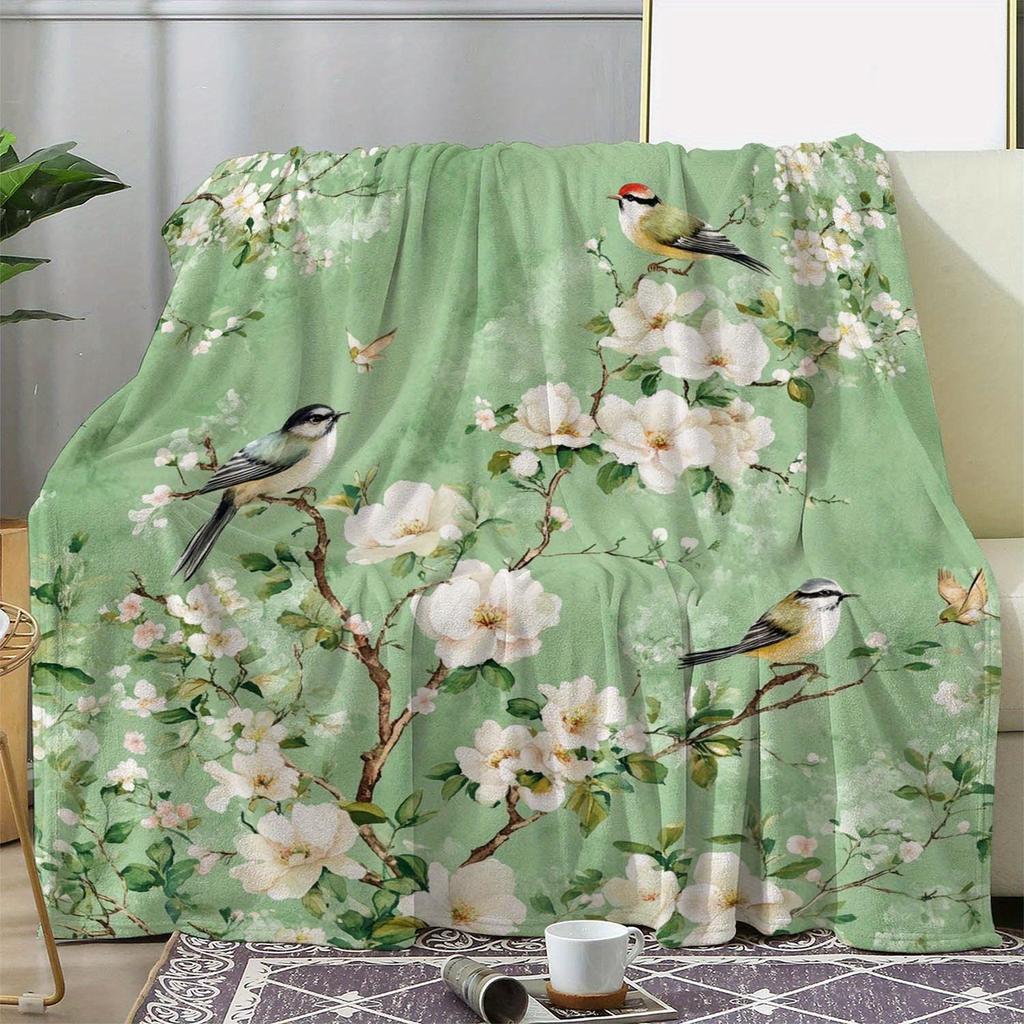 1pz Coperta di Flanella con Stampa Floreale e di Uccelli Vintage - Morbida Calda Coperta per Tutte le Stagioni per Divano Letto Auto Campeggio Ufficio, Regalo Accogliente con Nat