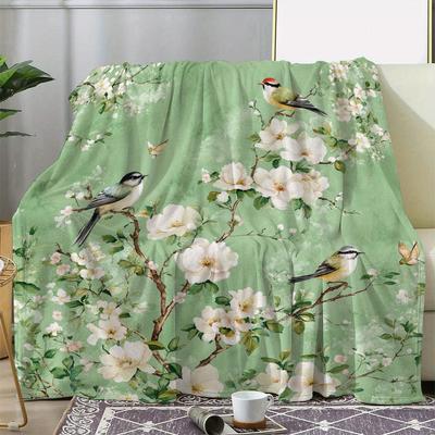 1pc Vintage Floral & Bird Print Flannel Blanket - Soft Warm All-Season Throw for Sofa Bed Car Camping Office, Cozy Gift with Nat