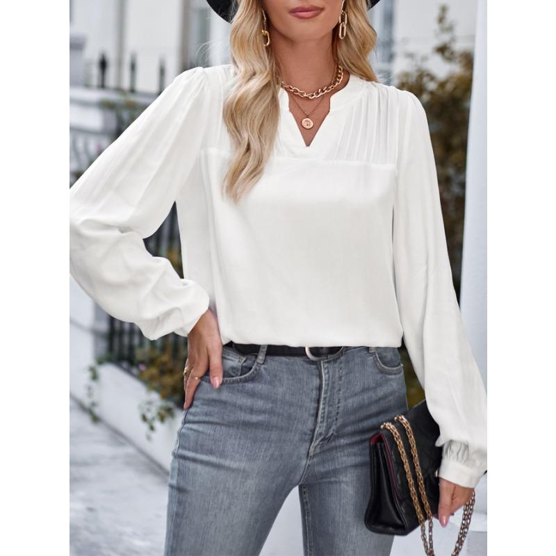 

Весенне-осенняя женская блузка, повседневная, с v-образным вырезом, тонкий однотонный трендовый топ с длинными рукавами S белый