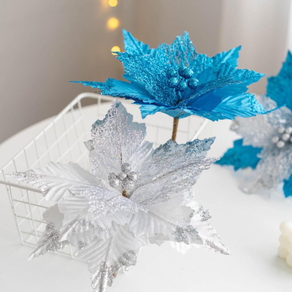 New Fabric Plastic Christmas Artificial Flowers 20cm/26cm Ornaments Fake Flower DIY Decoration Glitter Poinsettia New Year