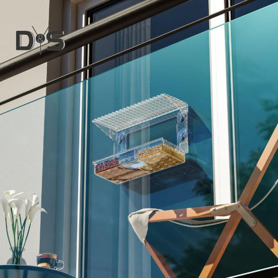 Window Birds Feeder with Suction Cups Clear Wildbird Feeder with Detachable Seeds Water Tray for Outdoor Birds Watching