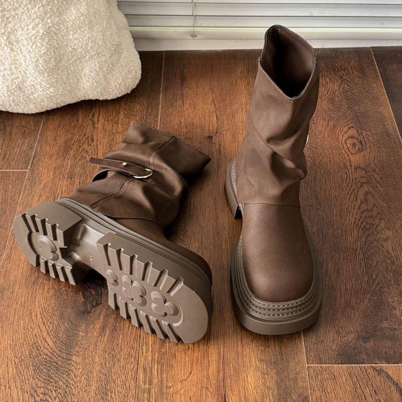 Womens Height Increasing Cowboy Boots Thick Soled Midsole Boots Simple Comfortable Ankle Boots Round Toe Thick Heel Womens Shoes