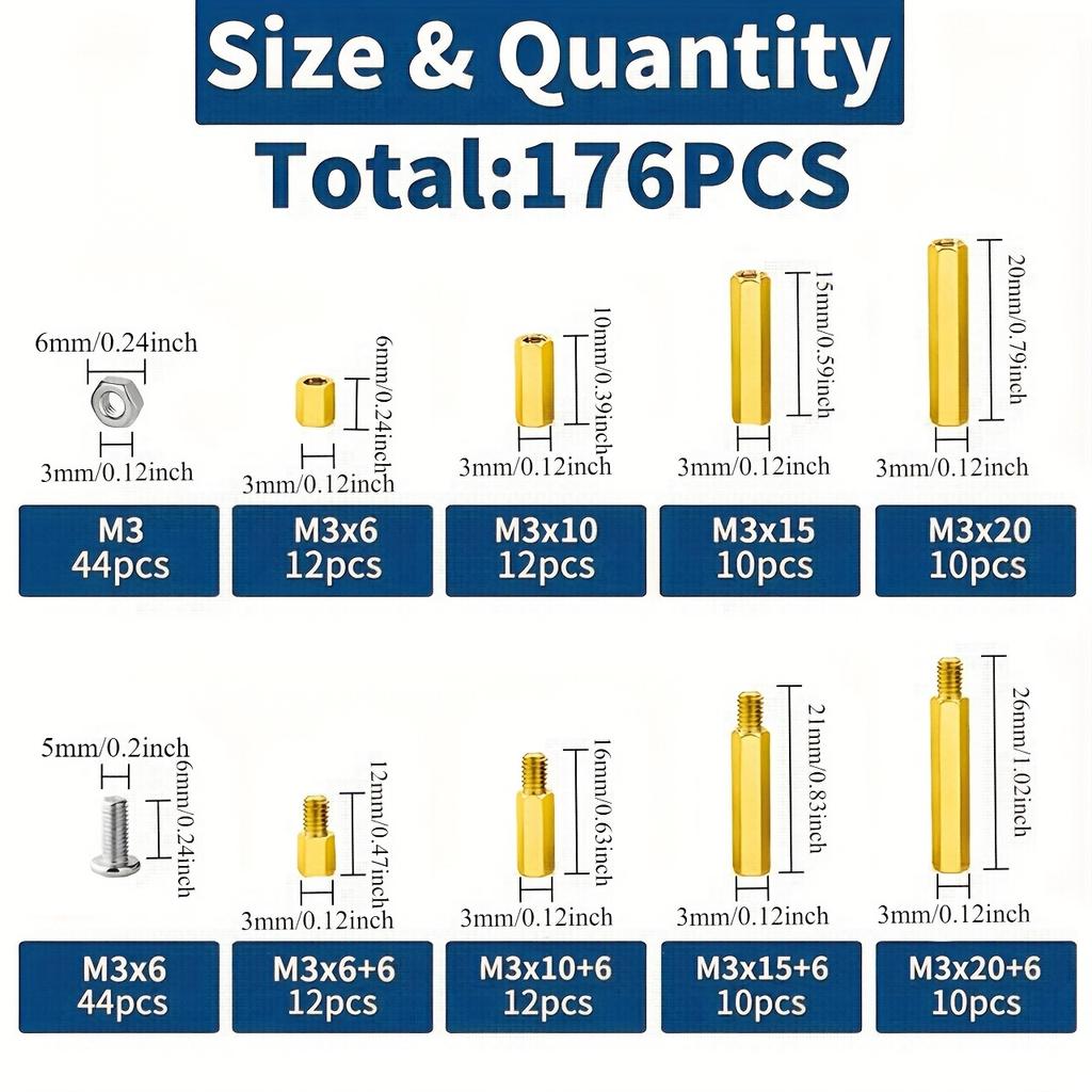 Messing Einzel- und Doppelpass Sechskant Kupfer Säulensatz Kreuz Rundkopfschraube Mutter gemischt 176 Stück verpackte Schraube