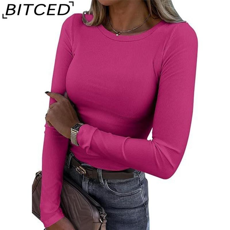BITCED Women's Long-Sleeved Stretch O-Neck Ribbed T-Shirt Fitted Casual Basic Top